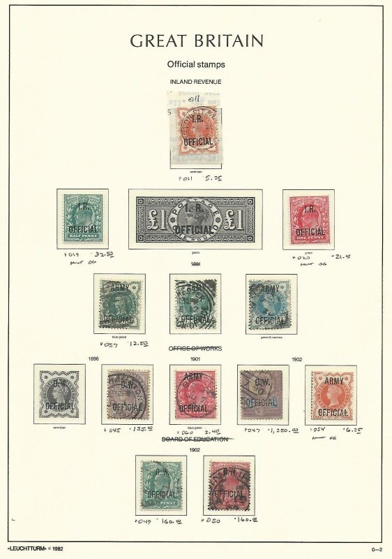 Great Britain Stamp Collection on Lighthouse Page 1896-02 Officials SCV $1810