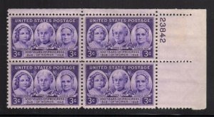 1948 Progress of Women Plate Block of 4 3c Postage Stamps, Sc# 959, MNH, OG