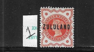 ZULULAND SCOTT #1 1888-93 GREAT BRITAIN OVERPRINT 1/2P (VERMILIO) - MINT HINGED