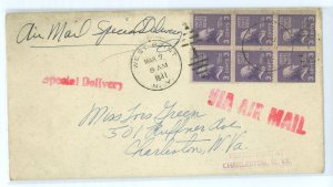 US 807 March 1941 3c Jefferson (presidential/prexy series) pane of six on a special delivery airmail cover sent from West Point,