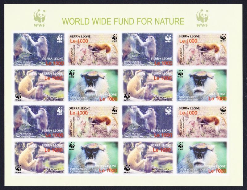 Sierra Leone WWF Patas Monkey Imperforated Sheetlet of 4 sets