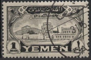 Yemen unissued (used cto, hinged) 1i San’a palace,black (1947)