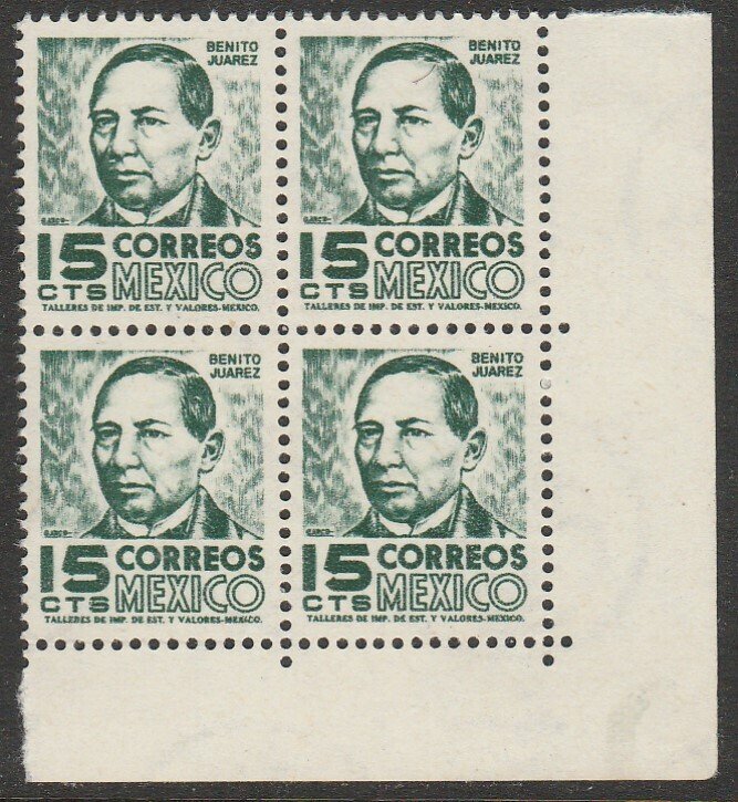 MEXICO 945, 15¢ 1950 Definitive 3rd Printing wmk 350 MINT, NH BLK 4. VF (310)