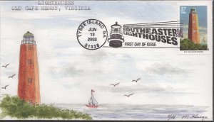 Marvel Houge Hand Painted FDC for the 2003 Old Cape Henry Lighthouse Stamp