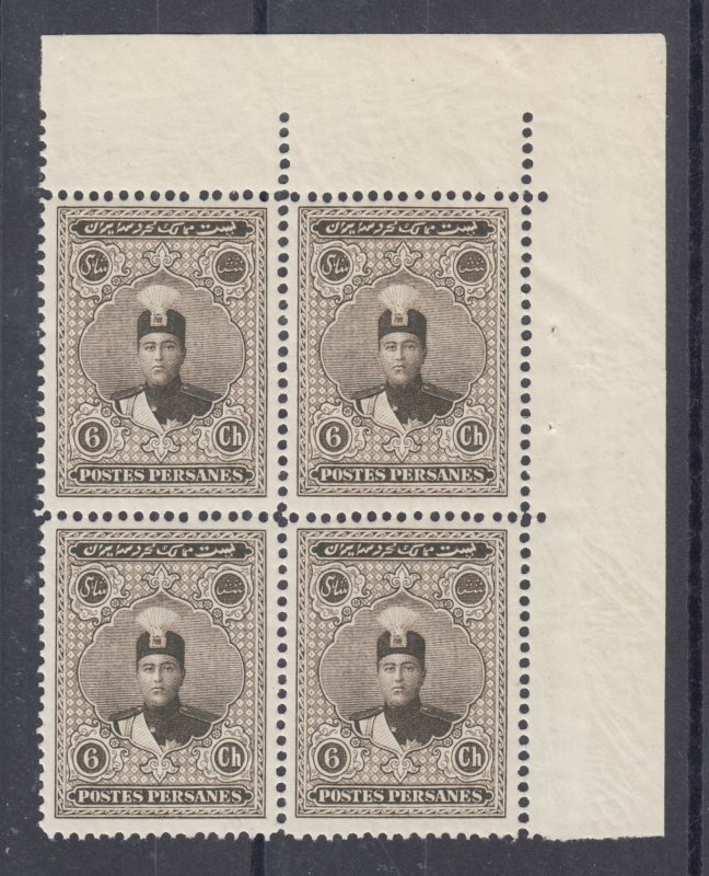 Iran Sc 670 MNH. 1924 6ch black brown Ahmad Shah Qajar, sheet corner block of 4