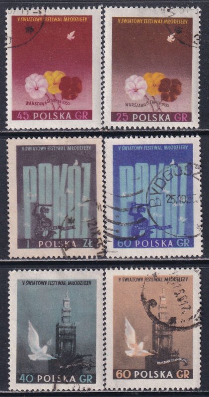 Poland 1955 Sc 687-92 Science & Culture Tower of Palace Pansies Dove Stamp Used