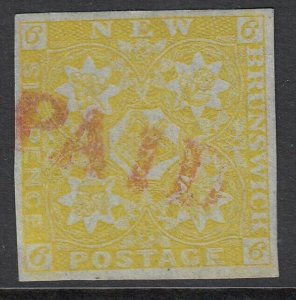 SG 3 New Brunswick 1851-60. 6d yellow. Very fine used with ‘paid’ cancellation