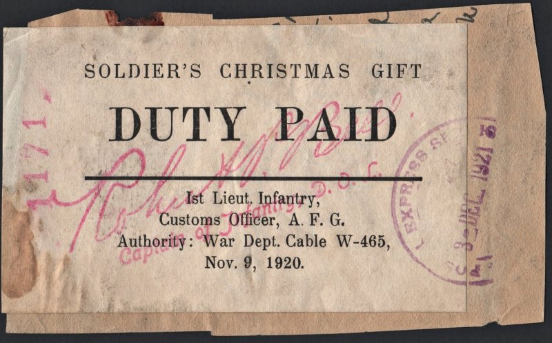 Soldier's Christmas Gift Duty Paid Label: Date Stamped December 3, 1921