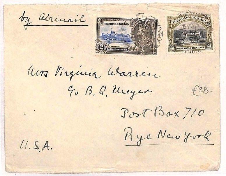 ZZ92 TRINIDAD & TOBAGO 1935 *Silver Jubilee* Mixed Franking Commercial Cover USA