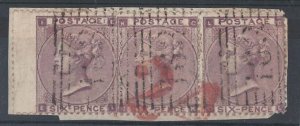 GB 1862 6d sg83 deep lilac 3 singles on piece fine used, large red '24' USA ar