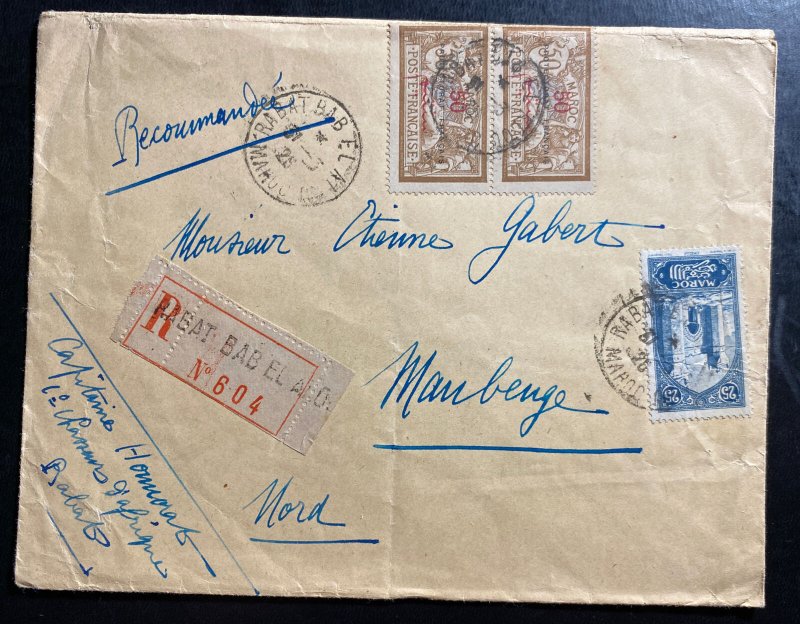 1928 Rabat French Morocco Registered cover To Maubeuge France