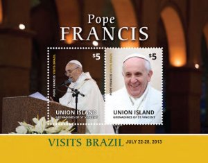 UNION ISLAND 2014 - POPE FRANCIS VISITS BRAZIL STAMP SOUVENIR SHEET MNH