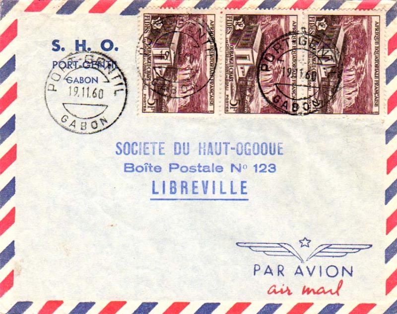 French Equatorial Africa 5F FIDES (3) 1960 Port-Gentil, Gabon Airmail to Libr...