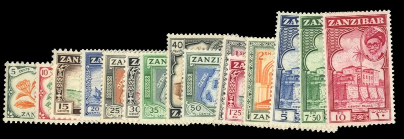 Zanzibar #249-263 Cat$47.70, 1957 5c-10sh, complete set, never hinged