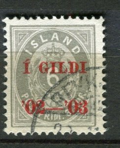 ICELAND; 1902-03 early ' 1 GILDI ' Optd. stamp fine used 6a. value
