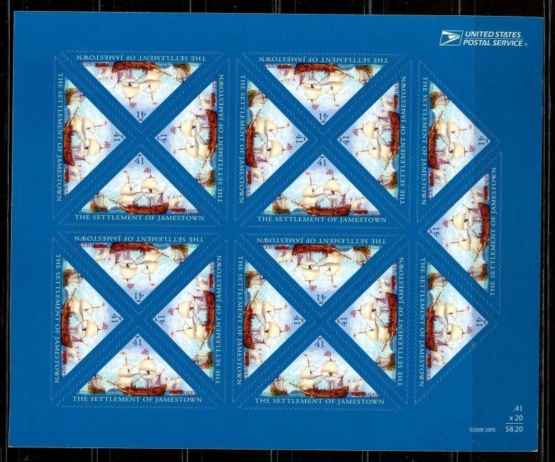 UNITED STATES SCOTT#4136 JAMESTOWN SHEET OF TWENTY MINT NEVER HINGED