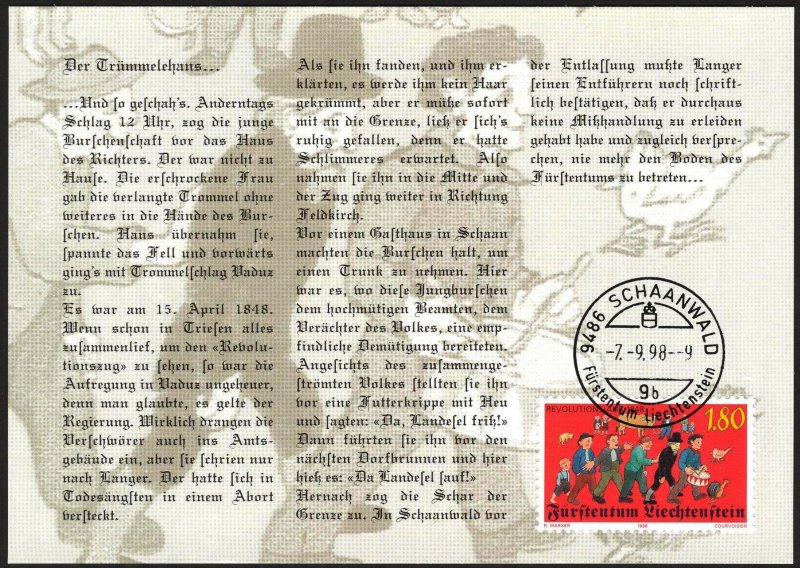 Liechtenstein 1998 150 Years of Revolution 1848 Maxi Card FDC