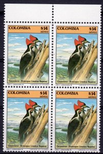 Colombia 1985 Birds Dryocopus Lineatus Set (1) MNH Yvert 738 BLOCK OF 4