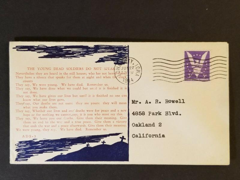 1944 Iowa City to Oakland California USA Dead Soldier Poem WWII Patriotic Cover