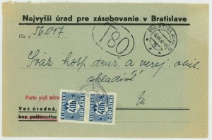SLOVAKIA German Occupation Postage Due Stamps Cover 1943 Bratislava WWII Europe