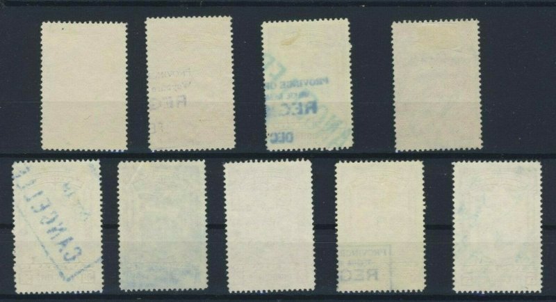 9x Canada Sask. Law Stamps 1908 25c-50c-$1.-$2. & 1938 50c-$1.-$2.00-$3.00-5.00