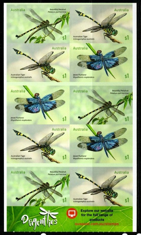 AUSTRALIA SGSB579(4767b) 2017 DRAGONFLIES $10 SELF ADHESIVES MNH