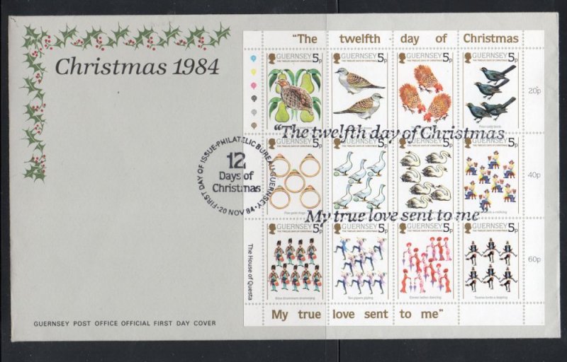 Guernsey Sc 307 1984 12 Days of Christmas stamp sheet on FDC