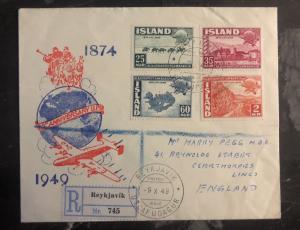 1949 Reykjavik Iceland First Day Cover FDC To England Universal Postal Union UPU