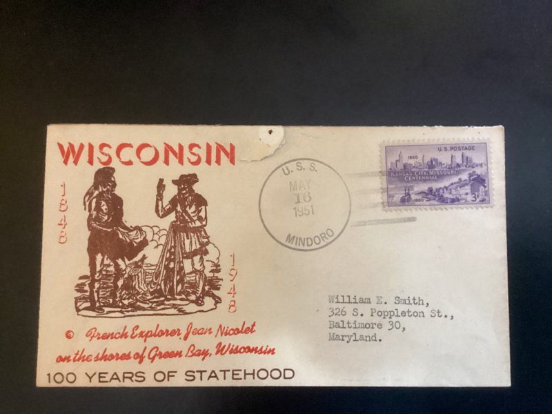 05/16/1951 Cover USS Mindoro 100 Yrs Wisconsin Statehood to Wm E Smith Balt MD