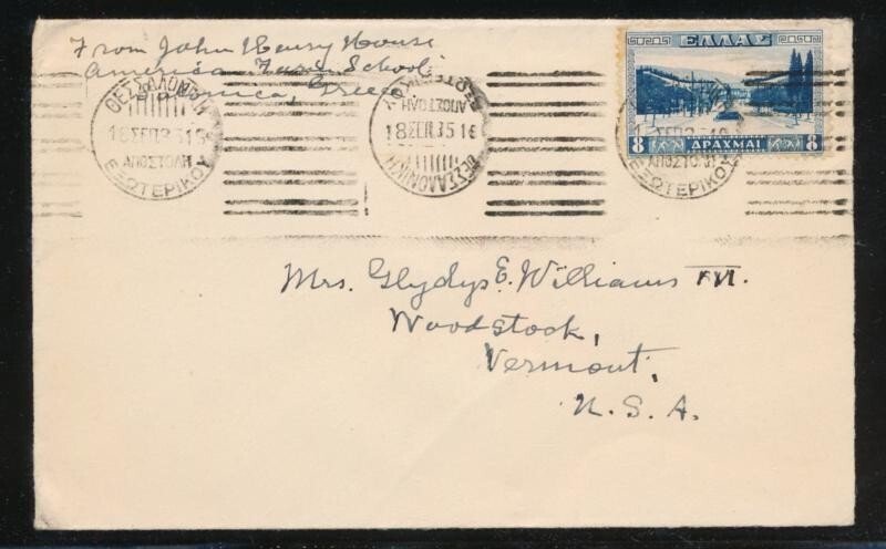 GREECE POSTAL HISTORY COVER TO WOODSTOCK VT. USA