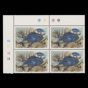 Bahamas 1987 (MNH) 60c Blue Chromis traffic light/plate 1A–1A–1A–1A block ✔️