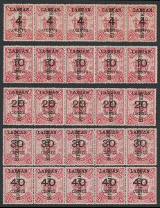 LABUAN 1895 Arms set strips of 5, SPECIMEN. MNH **. Largest known multiples.