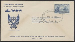 1941 Newfoundland #252 Grenfell Mission FDC St Anthony Oval Postmark