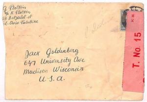 VV415 1940s PALESTINE WW2 Tel-Aviv (Israel) *Pink Censor Label* PC.22 Cover USA 