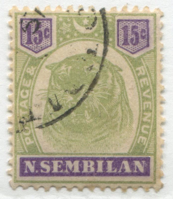 Malaya Negri Sembilan 1895 15 cents green & violet Tiger CDS used   