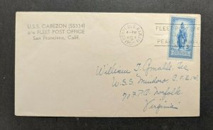 1950 USS Cabezon SS334 Submarine Navy Cover Honolulu Hawaii to Norfolk VA