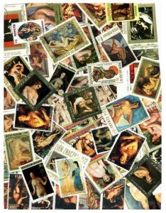 Nude Art Paintings on Stamps Collection - 200 Different Stamps