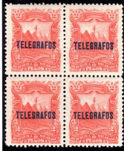 RH#34, H34, Type 6 - 2p red - MNHOG XF - block - Nicaragua Telegraph Revenue