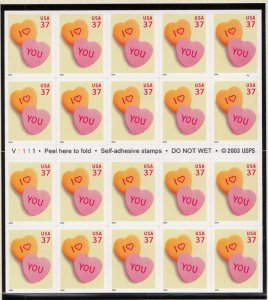 2004 Love Valentine candy Sc 3833a 37c mint booklet of 20 plate number V1111