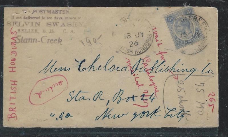 BRITISH HONDURAS (P1106B) 1926 KGV 5C STANN CREEK TO USA