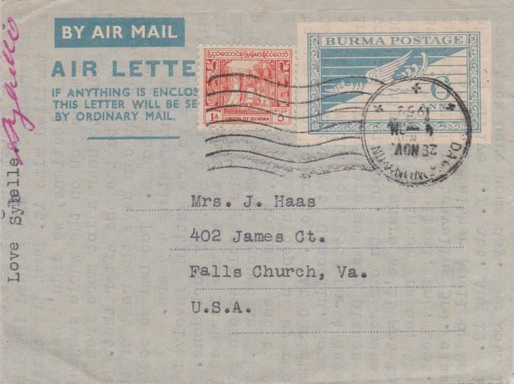 Burma 1a Bell on 6a Mythical Bird Air Letter 1952 Airmail to Falls Church, Va...