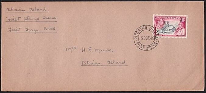PITCAIRN  1940 GVI 1½d on FDC addressed to Mrs H E Maude on Pitcairn.......a4373