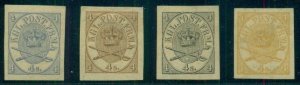 DENMARK #13, 4sk Coat of Arms, PROOFS in 4 diff colors, all og, LH, wmk paper