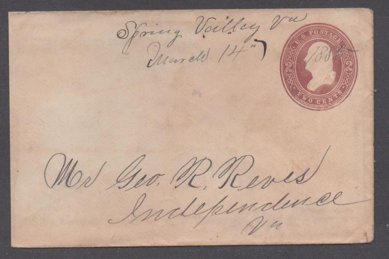 **US 19th Cent Postal Stationery Cover, Spring Valley, VA 3/14/1885 M/S Cxl DPO2