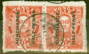 Tonga 1895 1d on 2 1/2d Vermilion SG29 Fine Used Pair