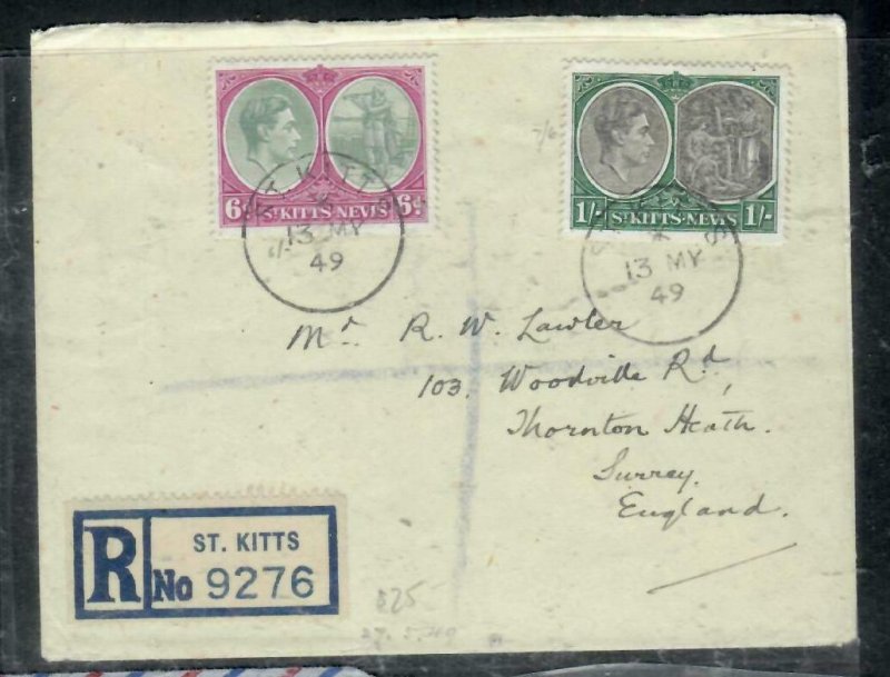 ST KITTS NEVIS COVER (P0807B) 1949  KGVI 6D +1/- COLUBUS REG TO ENGLAND