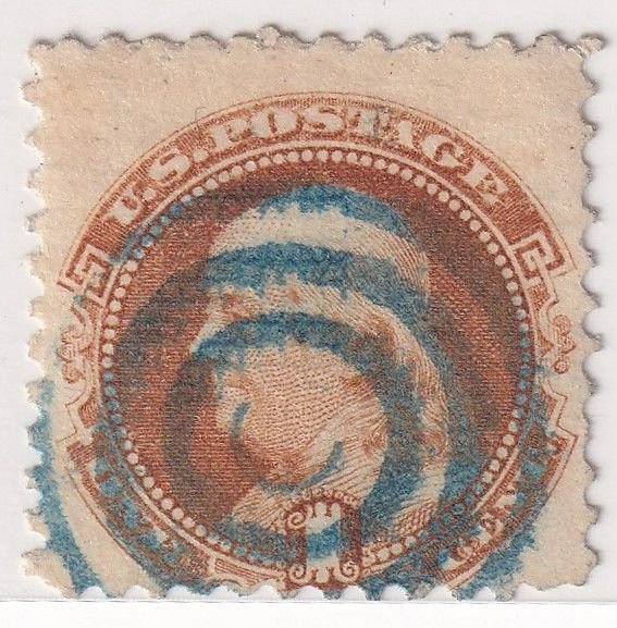 USA STAMPS - 1869 - Benjamin Franklin_ 1c_ Cancel: Bullseye (bluish)