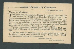 1926 Lincoln Ne Lincoln Chamber Of Commerce Thanksgiving Dinner $1.00 Per Person