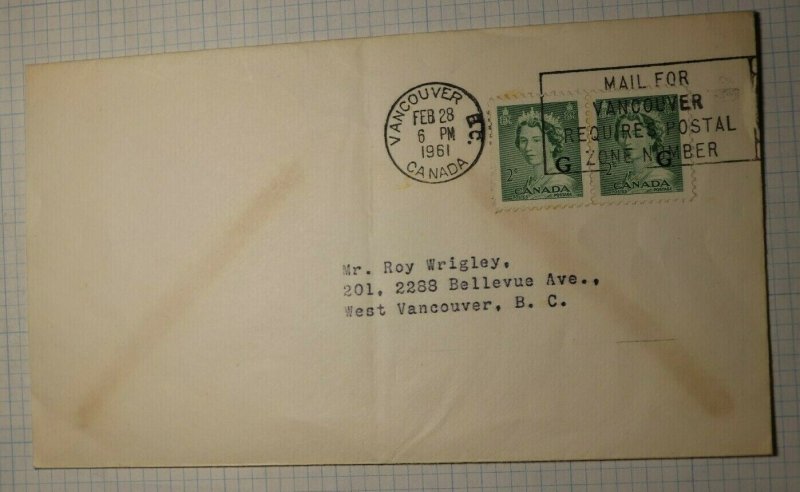 Canada Vancouver 1961 Machine Cancel Postal Zone Requires G Official Sc# 034