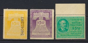 U.S. #'s RV18, RV30 & RV423 DIFFERENT MOTOR VECHILE STAMPS MINT F-VF